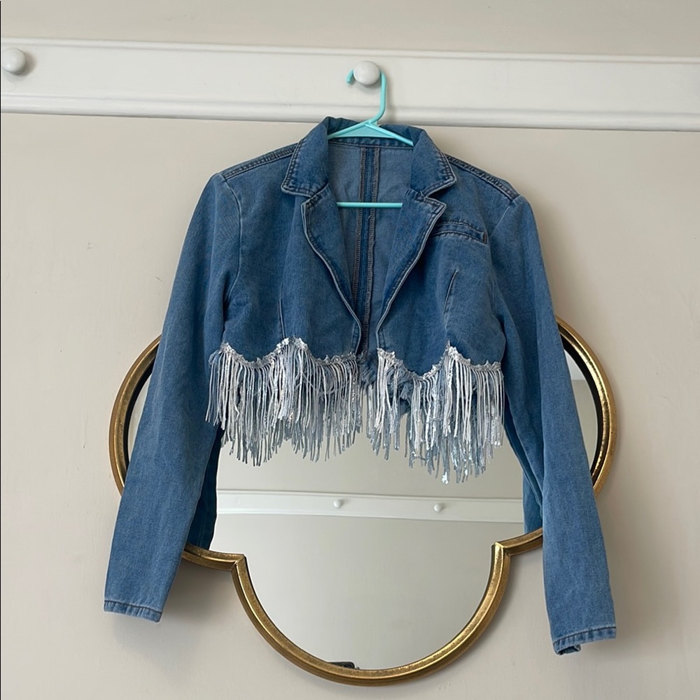 SHEIN Light Blue cropped Denim Jacket with fringe